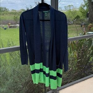 Lauren Ralph Lauren Navy & Bright Green Striped Open Cardigan